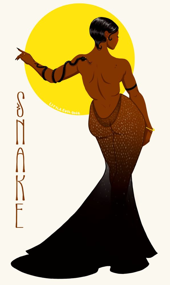 a black woman with fingerwaves stands with her back to the viewer, arm out stretched. A black snake winds around her arm. Her translucent scaled dress fades into a black train. There is a yellow circle and text that reads Snake