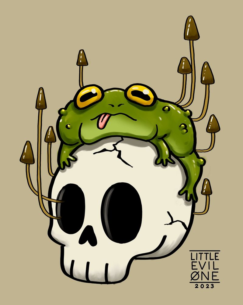 A warty toad with its tongue out on a skull with mushrooms growing out of it