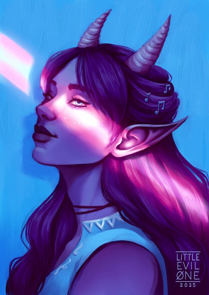 a tiefling with pink hair and horns tilts their head up. They are in blue shadows while a streak of pink and white light runs across their face forming the trans flag