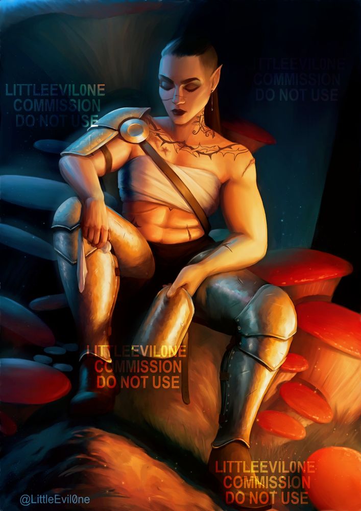 A tattooed warrior in partial armor cleans a piece of her armor in the firelight surrounded by mushrooms