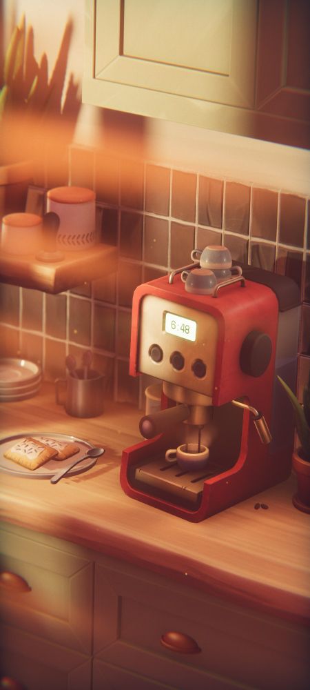 A cozy kitchen counter scene featuring a red espresso machine as the centerpiece. The machine, illuminated by warm morning sunlight, displays the time "6:48" on a digital screen. Below the machine, a small cup is positioned to catch freshly brewed coffee. Surrounding the machine are various props: a plate with two pastries, a spoon, coffee beans scattered nearby, and potted plants adding greenery to the scene. In the background, there are stacked plates, mugs, and a tiled backsplash with soft reflections. The lighting casts gentle beams across the counter, enhancing the serene and inviting atmosphere.