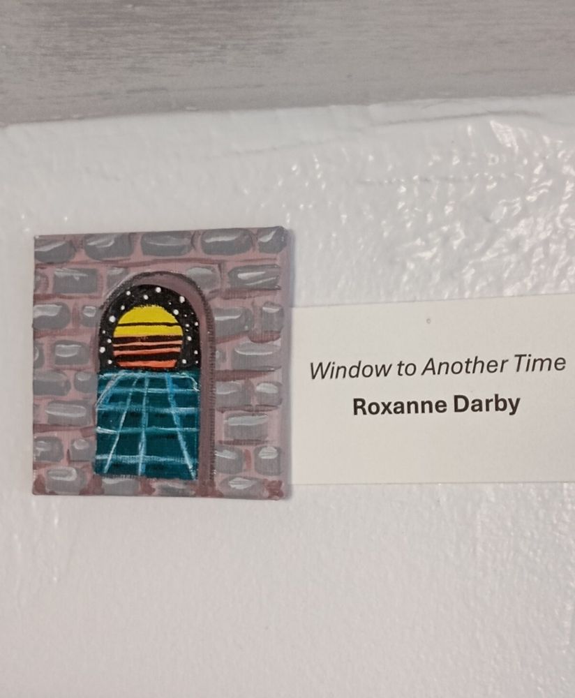 A fun blend of a textured stone window archway with a Vaporwave sunset peeking through. 