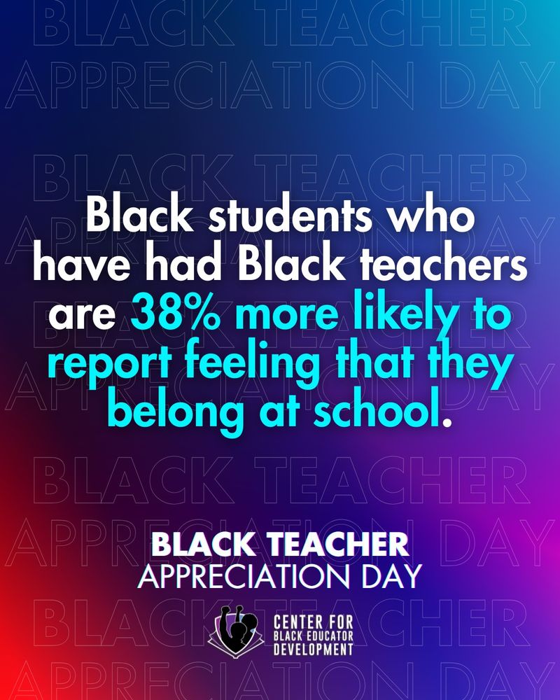 Promotional poster for Black Teacher Appreciation Day, featuring a statistic from the Center for Black Educator Development that states students who have had Black teachers are 38% more likely to feel they belong at school.