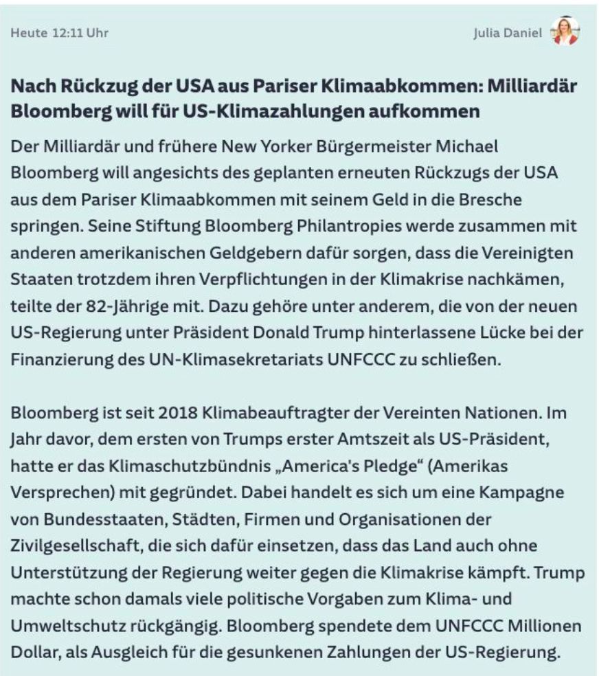 Nach Rückzug der USA aus Pariser Klimaabkommen: Milliardär
Bloomberg will für US-Klimazahlungen aufkommen