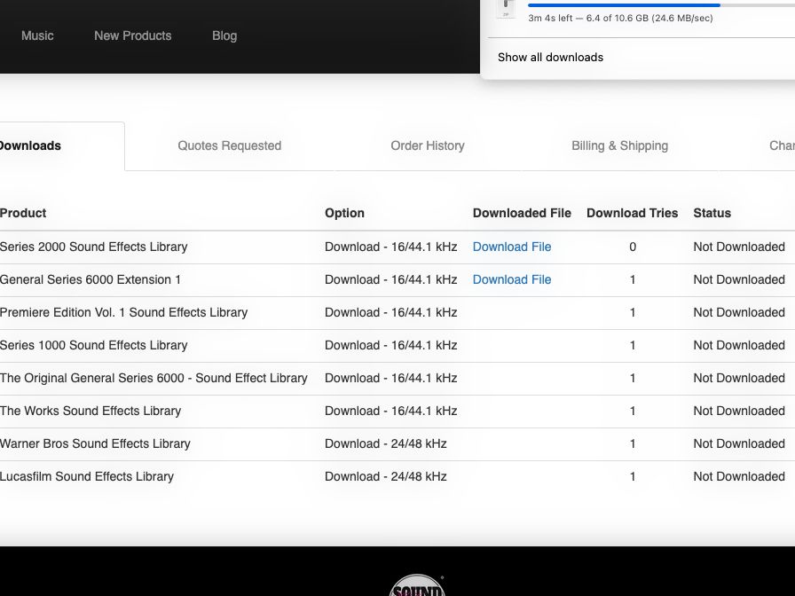 View of the website of Sound Ideas, where paid downloads are occurring