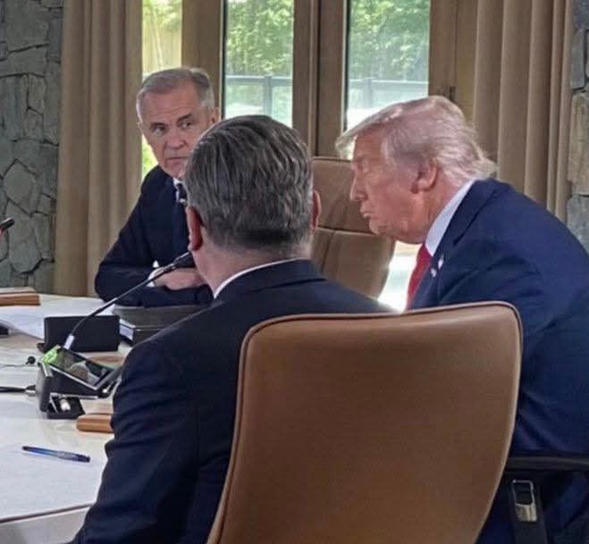 PM Carney eyes Trump who is found snoozing at the G7 summit on Monday June 16th. 