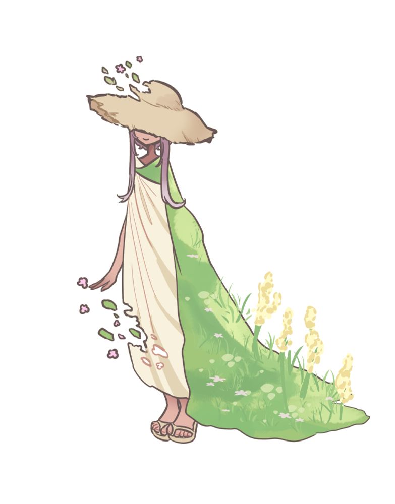 An image of a young character figure with a large sunhat covering their eyes. They have a cloak where a field of flowers sprout from. Their body seemingly dissappears into petals at various locations.