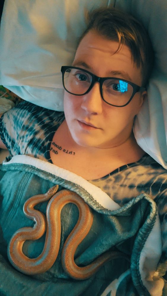 selfie of a white transmasc lying in bed looking up at the camera. there is a snake curled up on their chest. 