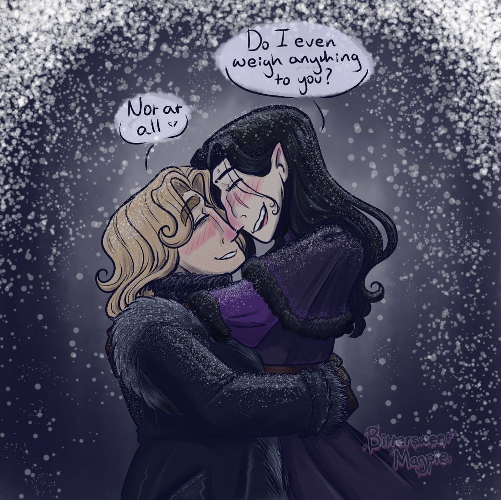 Ismark and Iolite standing in the snow dressed in fur-lined winter clothes. He's holding her up and their noses are touched together as they smile together. She asks "Do I even weigh anything to you?" and he replies "Not at all <3".