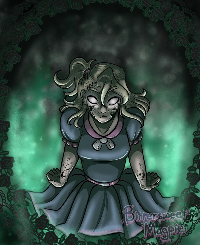 A young girl with cracked porcelain skin and solid white eyes stares at the viewer, fists clenched at her sides, surrounded by deep green lighting and dark shadow. 
