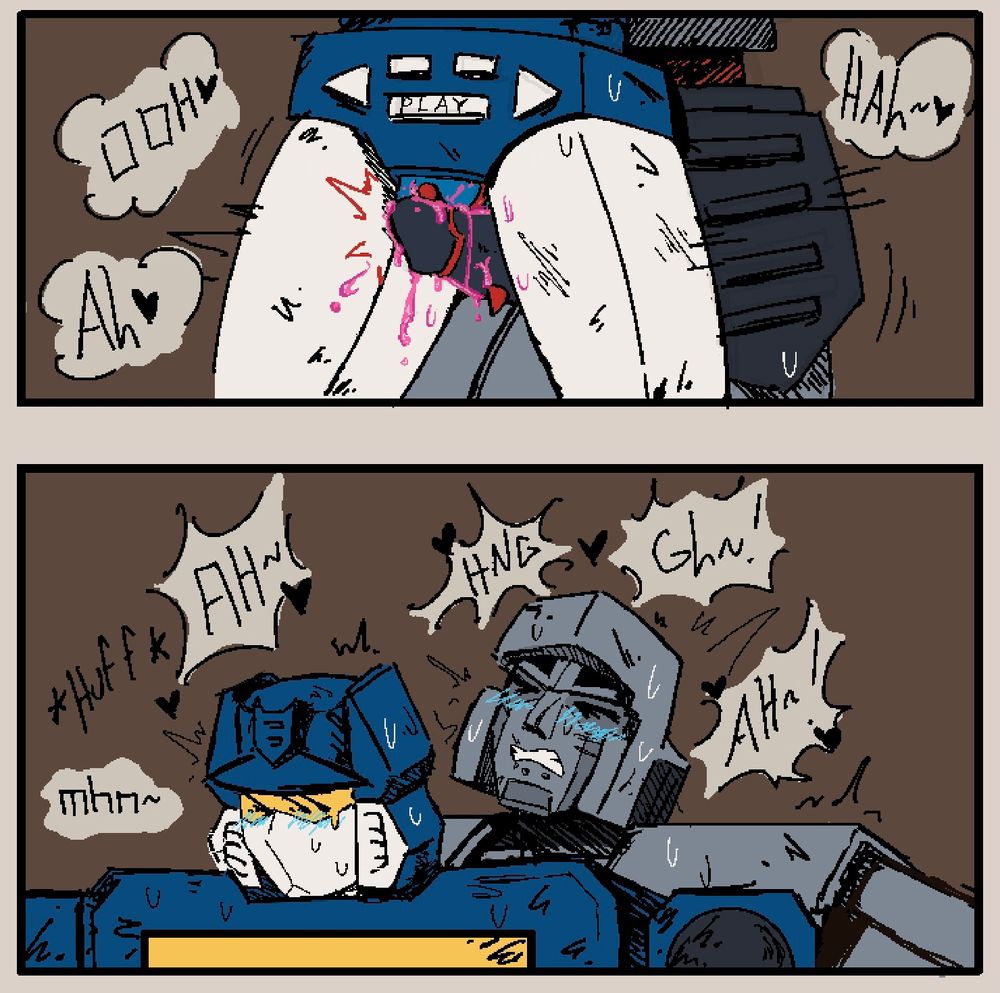 Two panel comic, first panel is a closeup of Megatron thighfucking Soundwave from behind.

Next panel is their expressions and various moaning