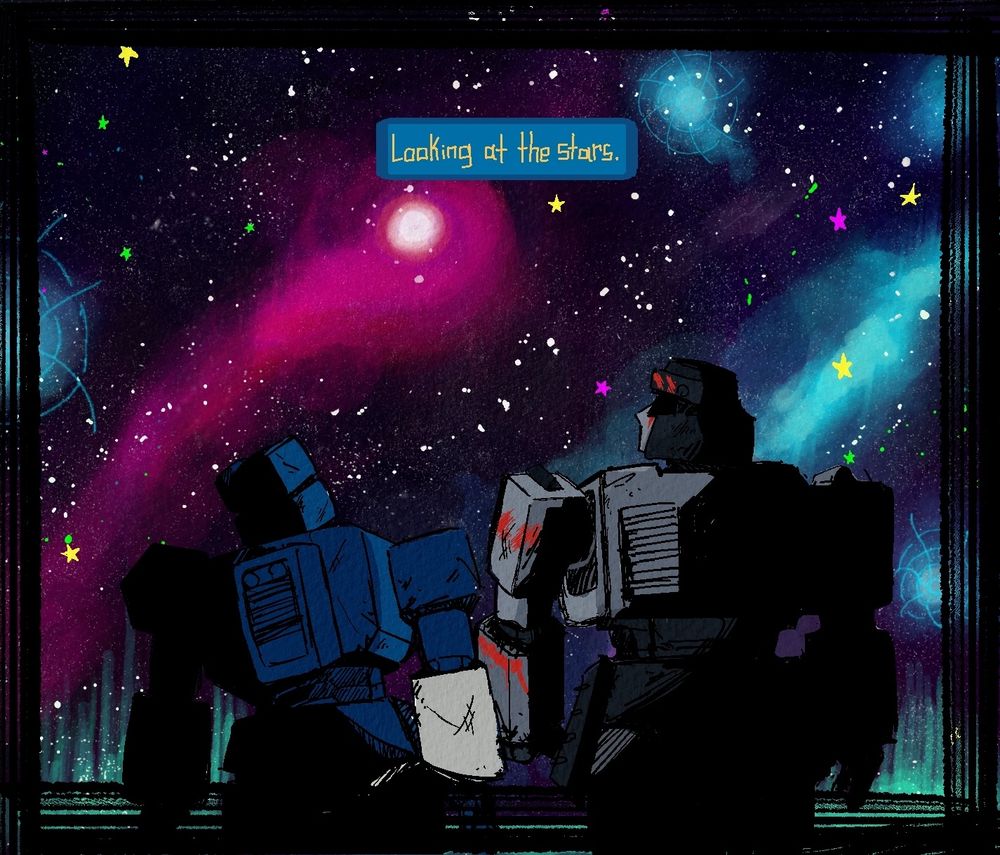 Soundwave's dialogue continues over an illustration of a much younger gladiator Soundwave and D-16 with a brilliant galaxy above them.

"Looking at the stars." Soundwave's dialogue finished