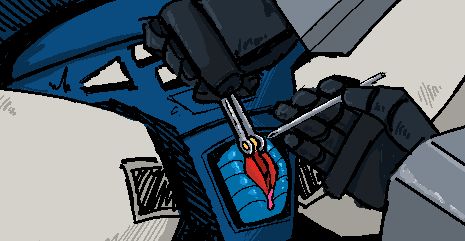 Close up of Soundwave with his legs spread open, megatron has his node pinched between forceps and his other hand has a needle inching towards it