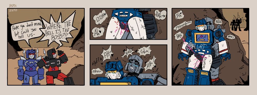 Rumble and Frenzy are searching for the boss!

Megatron is thighfucking Soundwave from behind a rock, or whatever the hell it is I drew (I dont know)