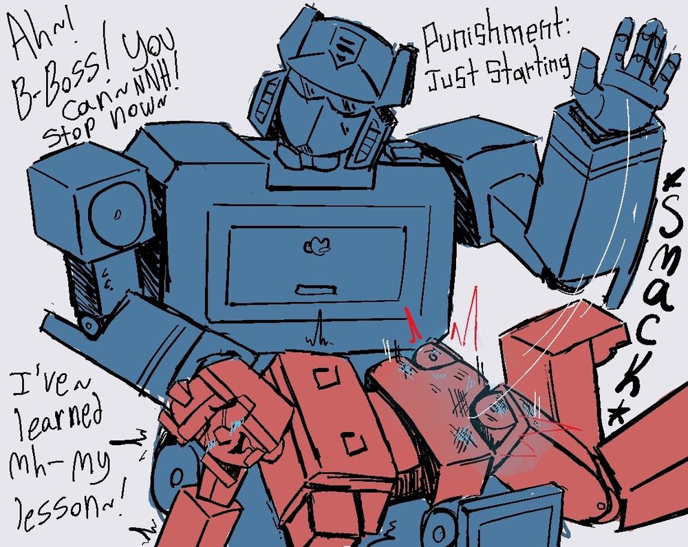 Frenzy is bent over Soundwave's lap getting spanked

"Ah~! B-Boss you can~NNH! Stop now~!"
"I've learned mh-my lesson~!"

"Punishment: Just starting."
