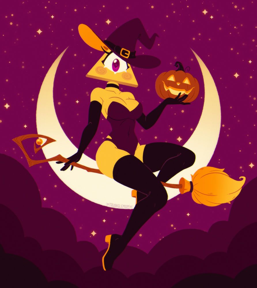 An illustration of a triangle shaped objecthead character. She has pale yellow skin and one cyclops-like eye. She's in a witch costume, sitting on a broom while holding a jack-o-lantern in one hand and looking down at the viewer. Behind her are some clouds, a starry sky and a moon that frames character.