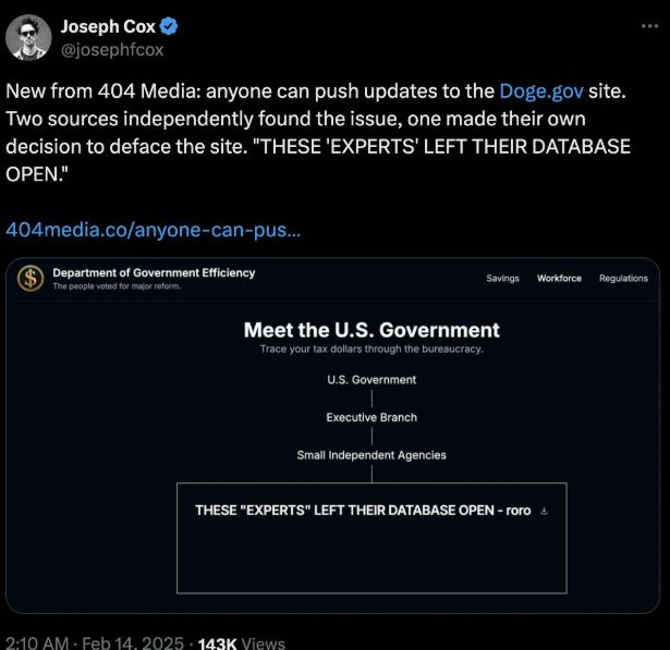Screenshot of post from Joseph Cox that says "New from 404 Media: anyone can push updates to the Doge.gov site. Two sources independently found the issue, one made their own decision to deface the site. "THESE 'EXPERTS' LEFT THEIR DATABASE OPEN. -roro" with an attached screenshot of the Doge.gov site showing that hacker post.