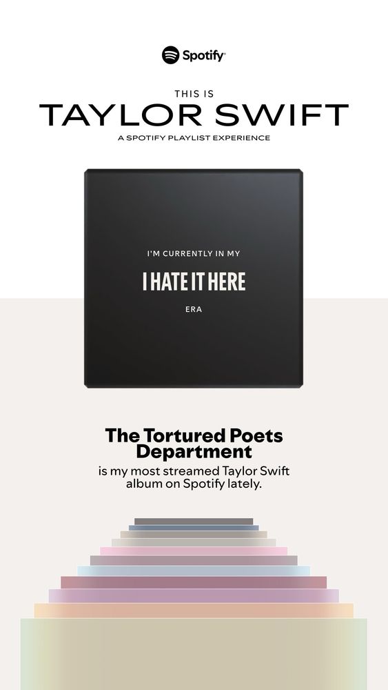 Spotify infographic that reads:
“Spotify 
This is Taylor Swift 
A Spotify playlist experience 
[in black square]
I’m currently in my 
I hate it here
Era

The Tortured Poets Department is my most streamed Taylor Swift album lately.”
