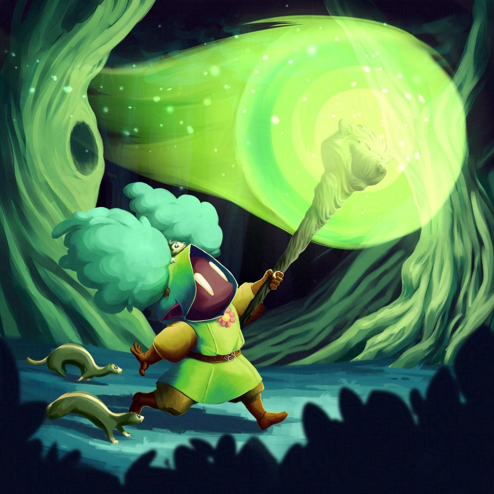 A tiny goblin druid with concealed facial features, wearing a green tunic with a custom girdle belt and a pink flower with yellow polen as a tie. He has antlers that end in bushes where he would usually grow berries. He is running through the night woods while holding a staff shaped like a bear, which is emanating light in a circular area around it, leaving a trail of magic. There are two ferret like creatures tailing him, while one is nested in his head, seemingly hanging onto him with a smile.