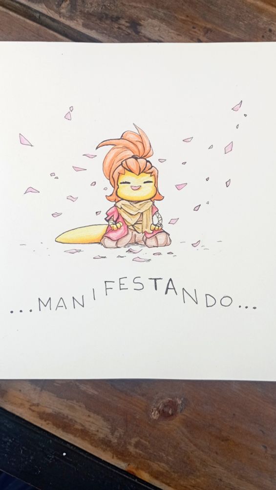 Sir Balderich dressed like Wolf from Sekiro with a red hair instead of an orange one. He wears his hair tied up to the back. He's sitting in seiza position, meditating as cherry blossom petals float towards him, one resting on his face. The word "Manifesting" is written in Spanish below.