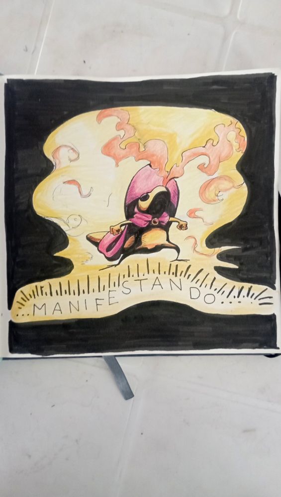 Sir Balderich breathing fire at an encroaching darkness as he drives it away. The word "Manifesting" is written in Spanish.