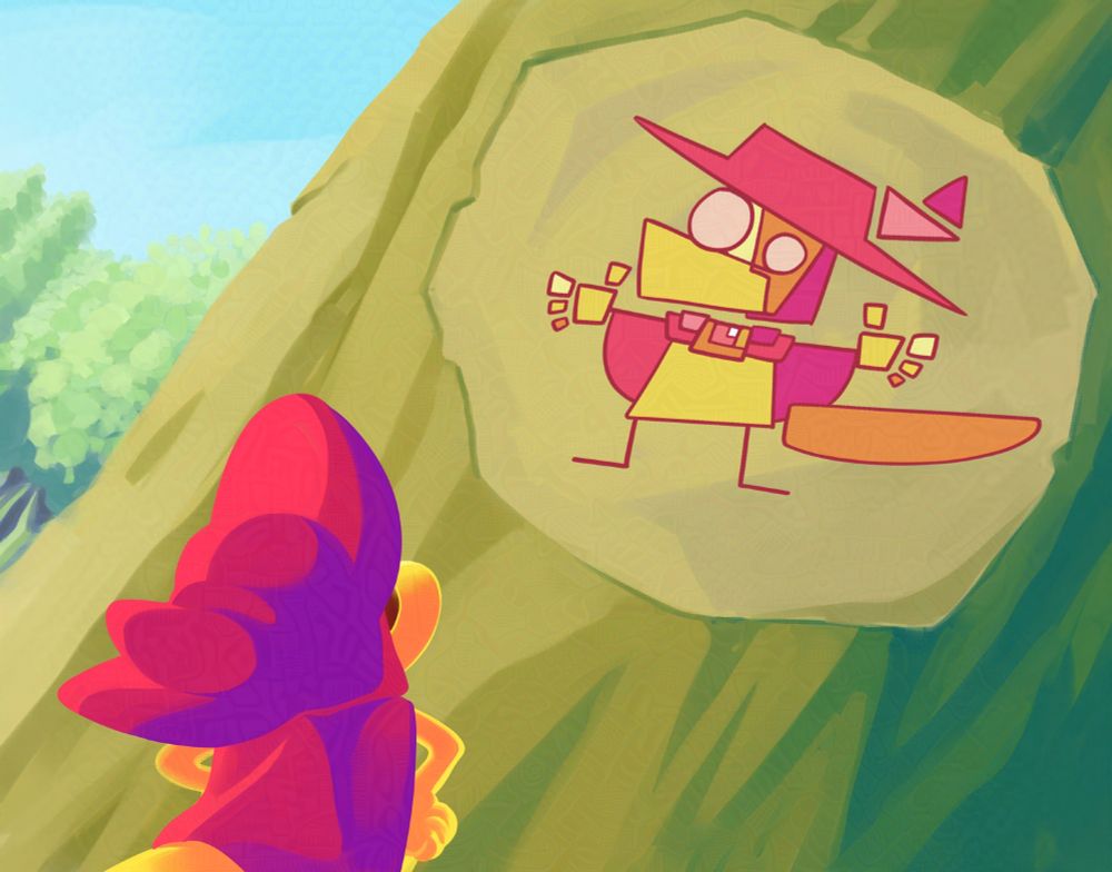 A cubist drawing of Sir Balderich, my tiny lizard (Drekhi) OC, painted on tree bark as he's looking at it.