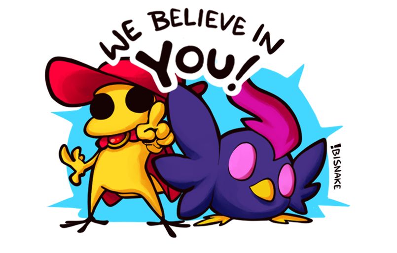 Sir Balderich and Lord Nocturne pointing forward with a confident stance, with a text above reading "We believe in YOU!".