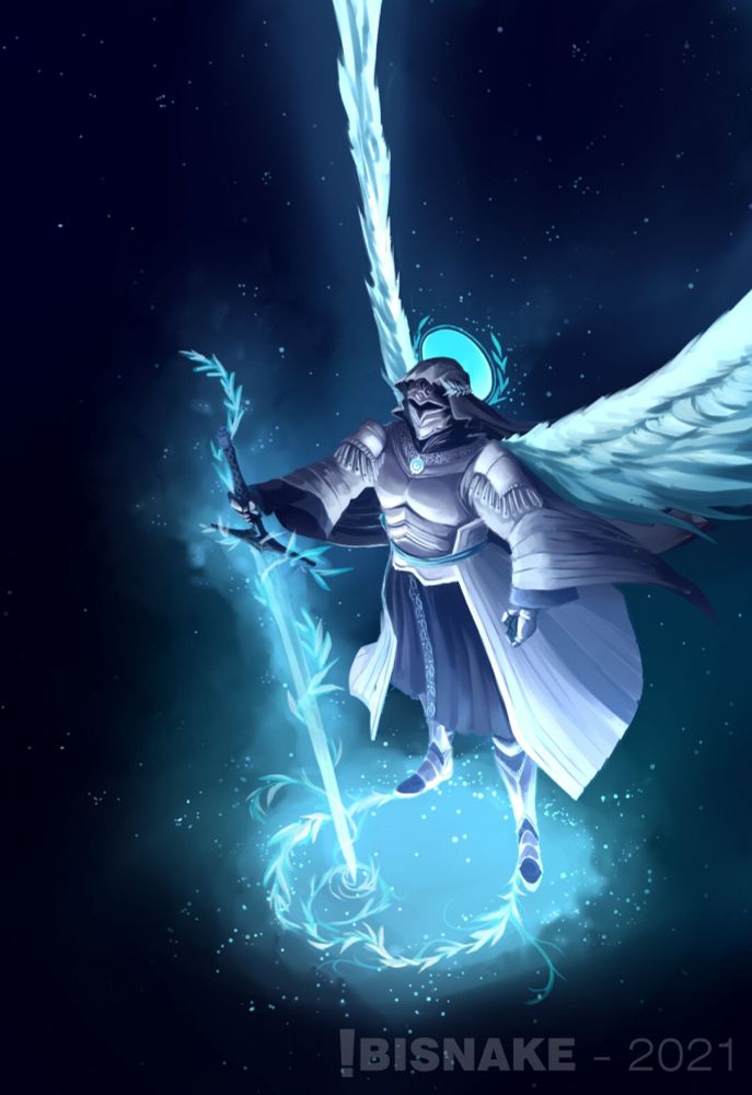 An angel  wearing plate armor, holding out a sword forward as they project an aura of laurel and light beneath them.