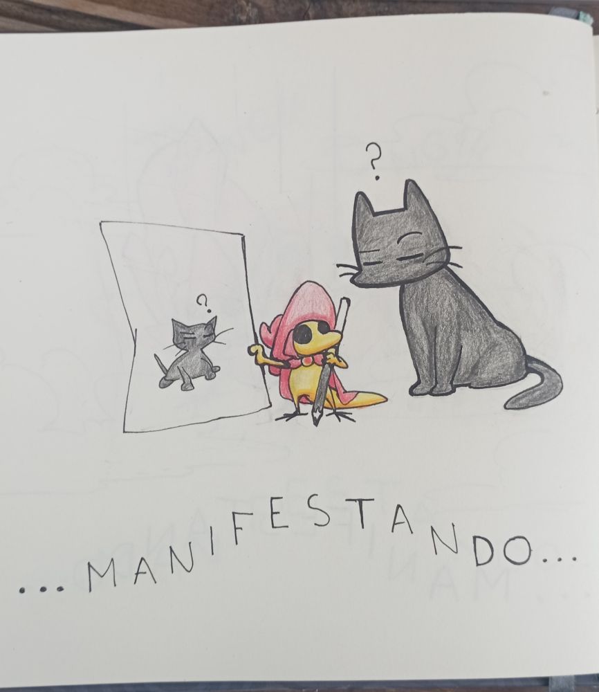 Sir Balderich looking at a black cat, showing them a badly drawn picture he drew of them looking confused. The word "Manifesting" is written in Spanish below.
