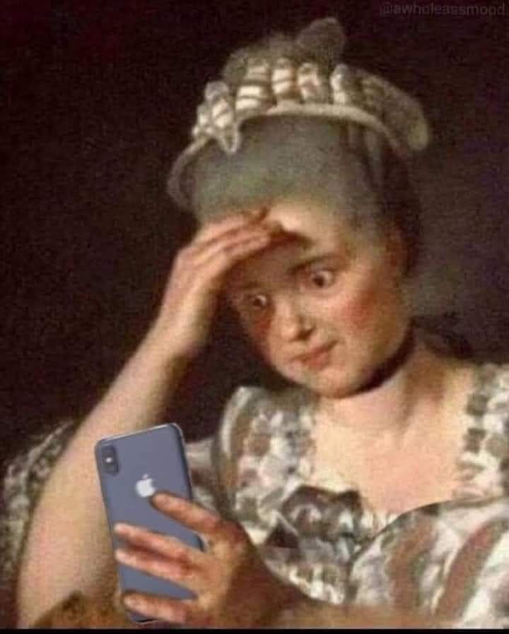 Painting of an Edwardian woman holding a modern day iPhone. She's flabbergasted