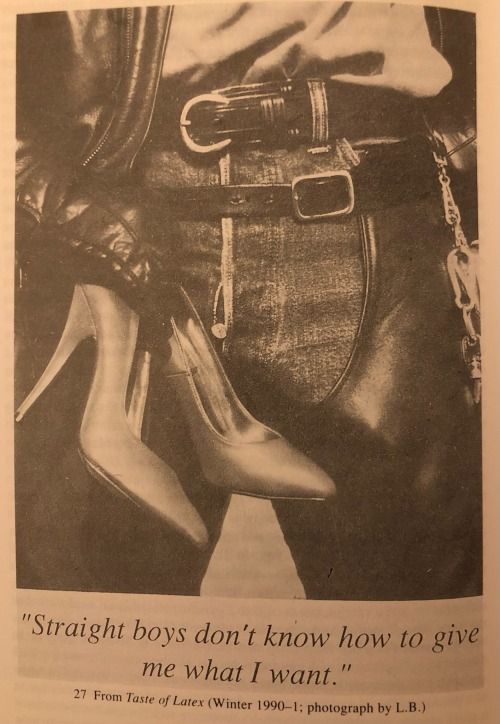 Old sepia newspaper clipping of a butch in jeans holding a femme's high heels. The headline reads "Straight boys don't know how to give me what I want."