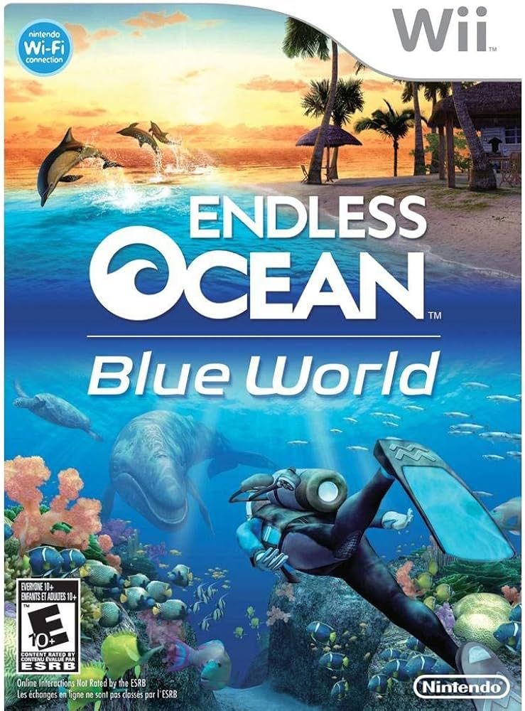 Wii game Endless Ocean: Blue World. A diver swims through the coral reefs with a large whale in the background, and dolphins on the surface.