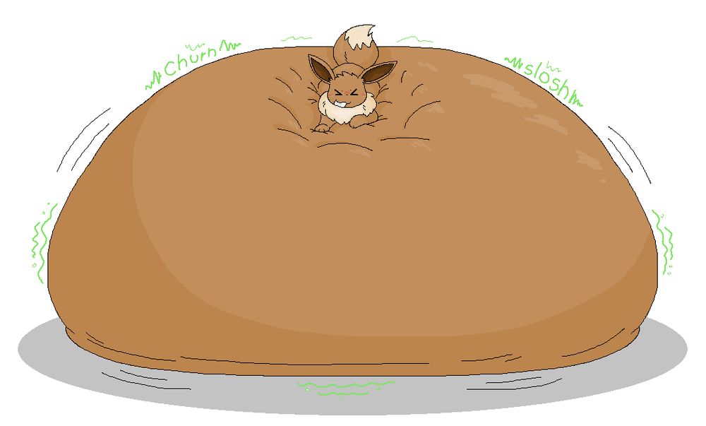 A nsfw image. Eevee on top of a round beanbag, probably his own belly. This implies the other pokemon shapes are melting.