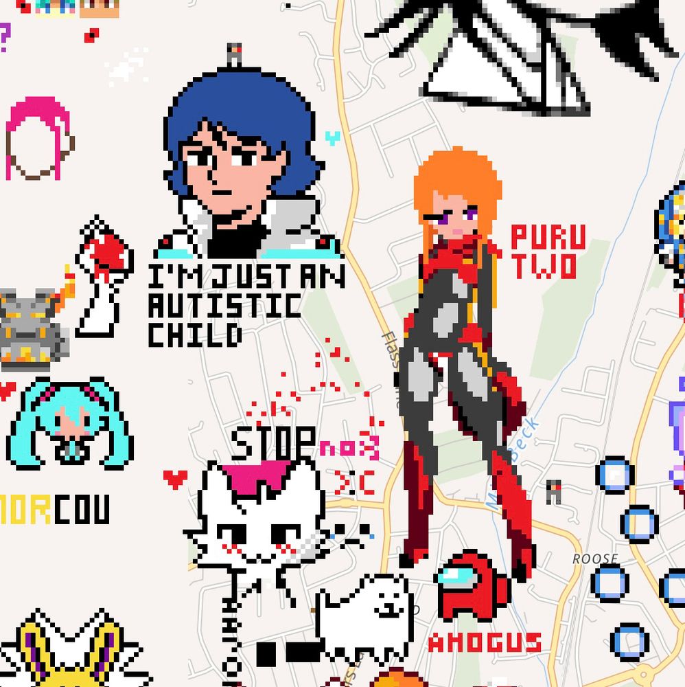 Drawing of Kamille and Puru two on wplace. Under Kamille it says “I’M JUST AN AUTISTIC CHILD”