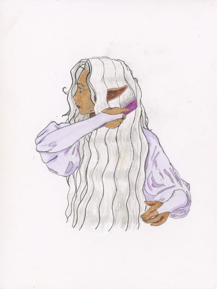 An elf combs their long hair