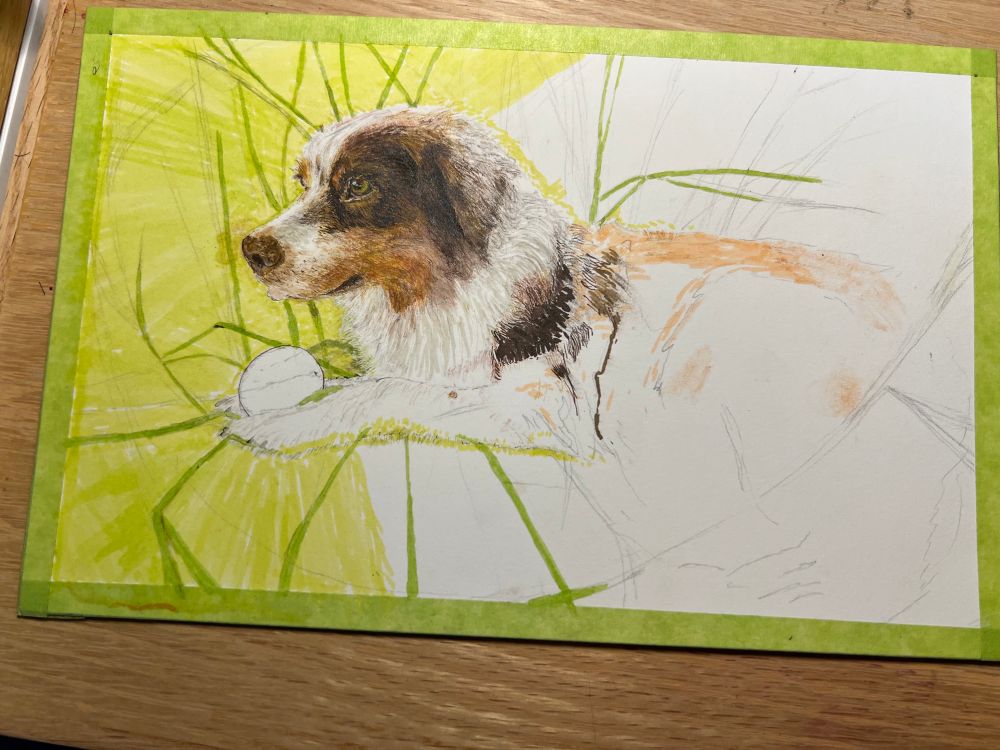 An unfinished work. A doggo crushes some tall flowers. A ball between its feet.