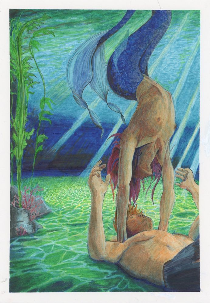 An underwater scene attempted in ink.