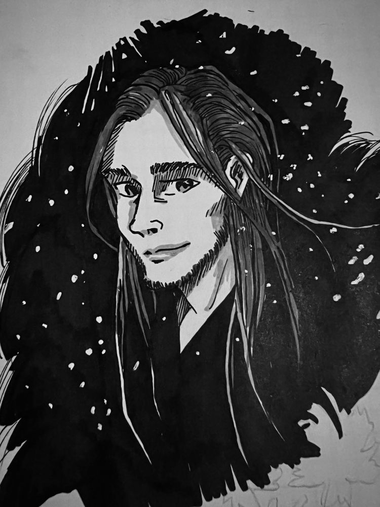 A portrait of a handsome partner with long dark blonde hair and a short beard. Made in ink, promarkers and whiteout.