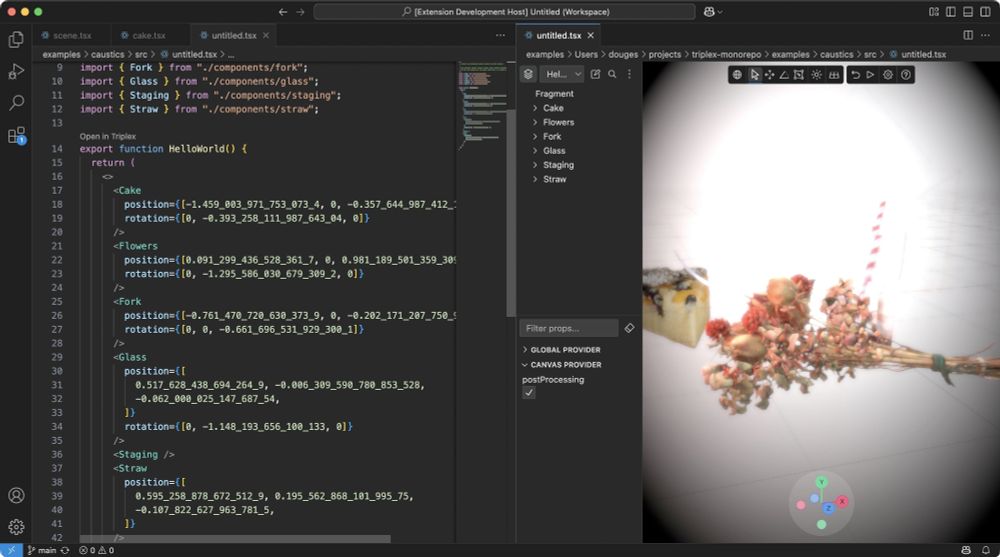 Triplex for VS Code with the caustic example open with postprocessing enabled