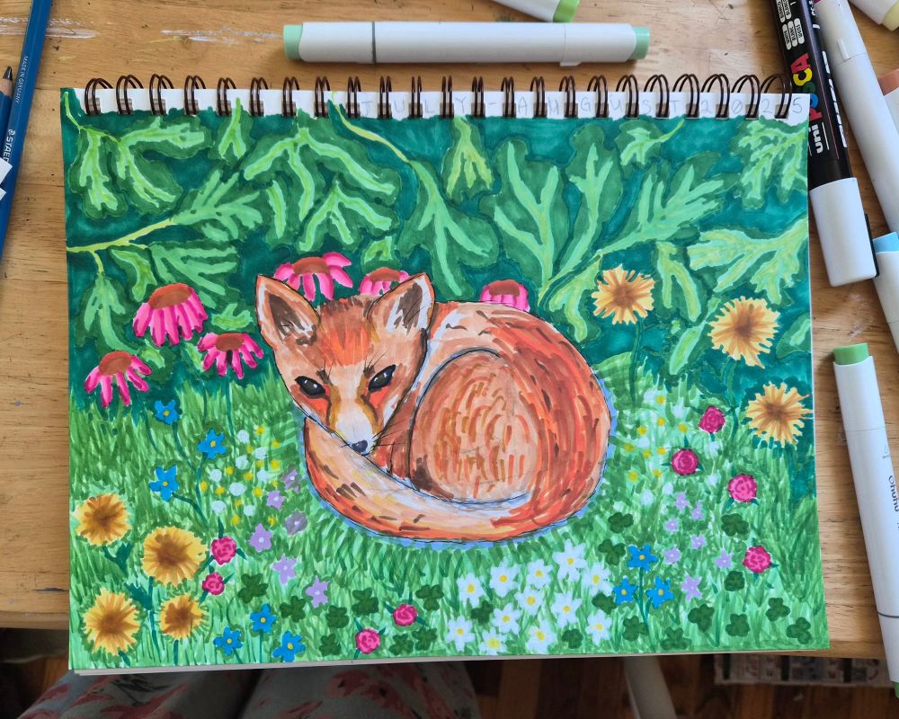 A drawing of a red fox curled up in the grass surrounded by wildflowers and foliage 