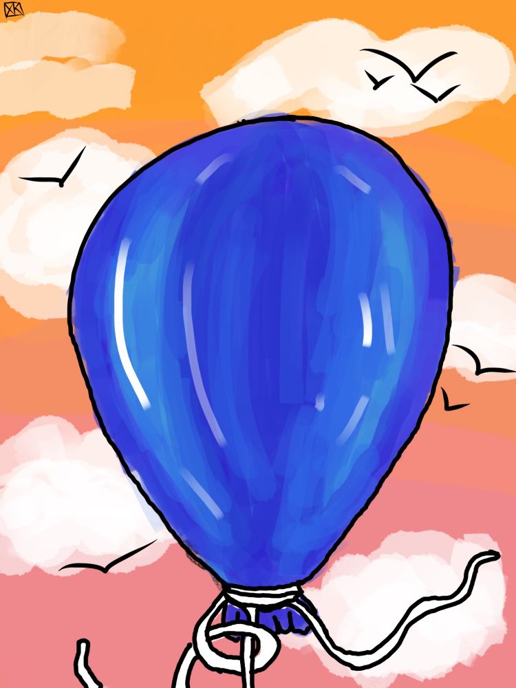 Procreate painting of a blue balloon with birds and clouds on a sunset-colored background