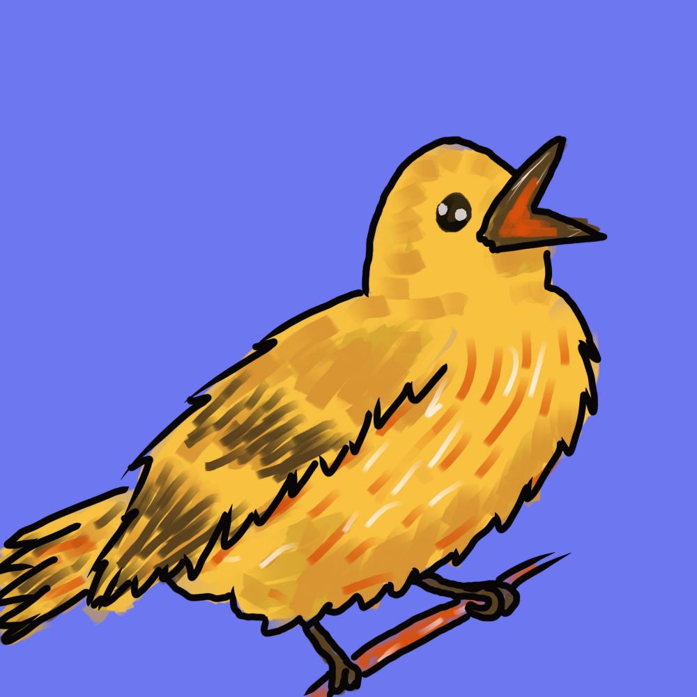 A digital painting of a screaming yellow bird on a periwinkle background