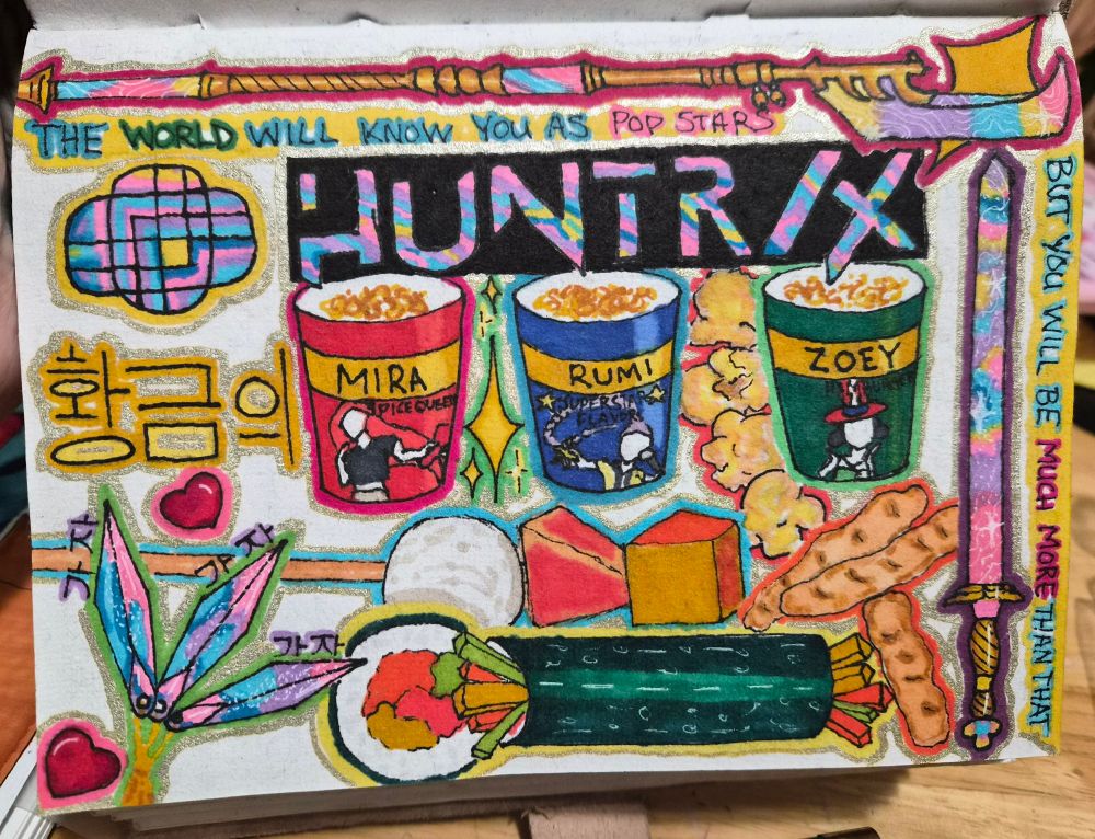 A collage-style, colorful drawing. huntrix fanart including kimbap roll, shrimp chips, popcorn, a kebab; Zoey, Mira, and Rumi's weapons; the huntrix logos; "golden" and "gaja gaja gaja" in Korean characters