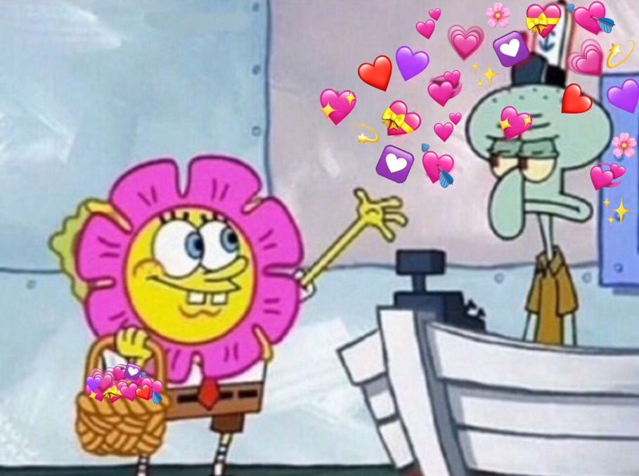 spongebob throwing a basket of heart emojis onto a very annoyed squidward