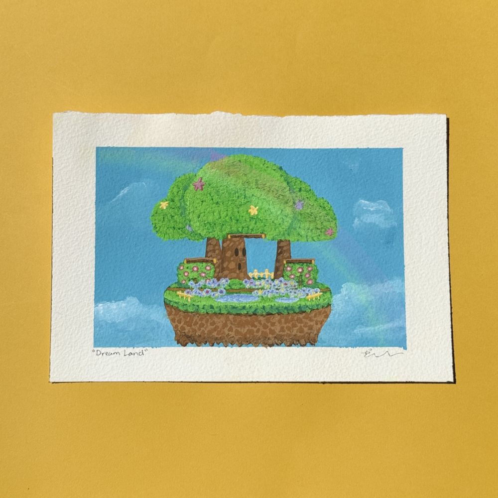 a painting of dream land, a stage for the 'super smash bros.' series