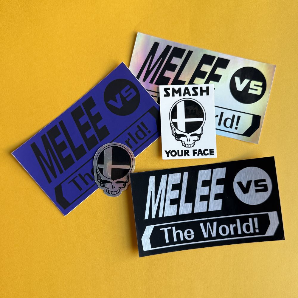 five stickers against a yellow background. three stickers say "MELEE vs. THE WORLD!," one says "SMASH YOUR FACE" with the grateful dead stealie face combined with the smash logo, and one is just the stealie/smash logo with no text