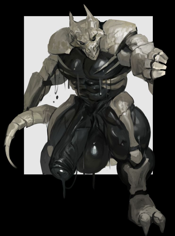 A black gooey dragon steps through the frame towards the viewer, his snout pointed slightly down, his left hand gripping the fourth-wall frame of the picture. He has skeletal armor, a bone tail that swishes outside of the frame, and is stepping out with his two-toed foot, walking out of the frame.