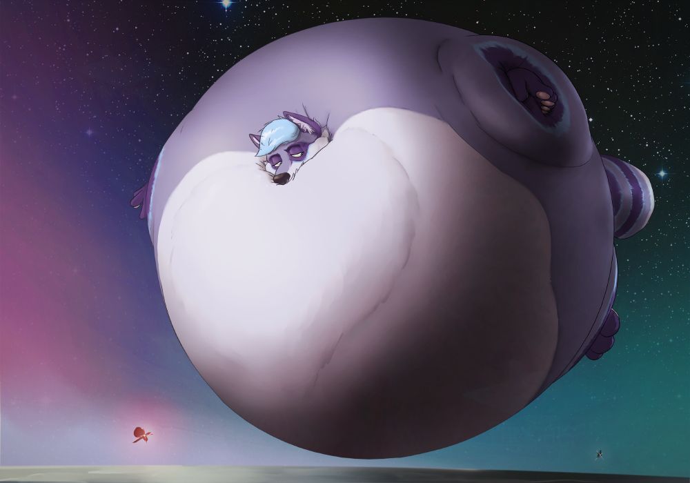 Nova the inflated raccoon floats gently over the planet's atmosphere. He's swollen to a useless size and his eyes slowly study his immense form. Satellites in the background suggest he is drifting from the Earth.