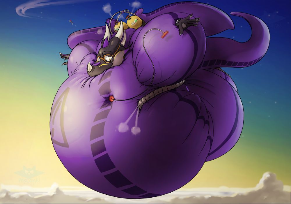 Zaelgolin the rubber dragon is gently floating in a massive inflatable suit filled with helium, connected to a pair of tanks on his back. He has pulled a long rip cord to suggest the growth arrived swiftly and suddenly. Zaelgolin is still above the cloud line to suggest high altitude, as the plane he jumped from disappears into the distance. Don't ask the photographer how they got this shot.