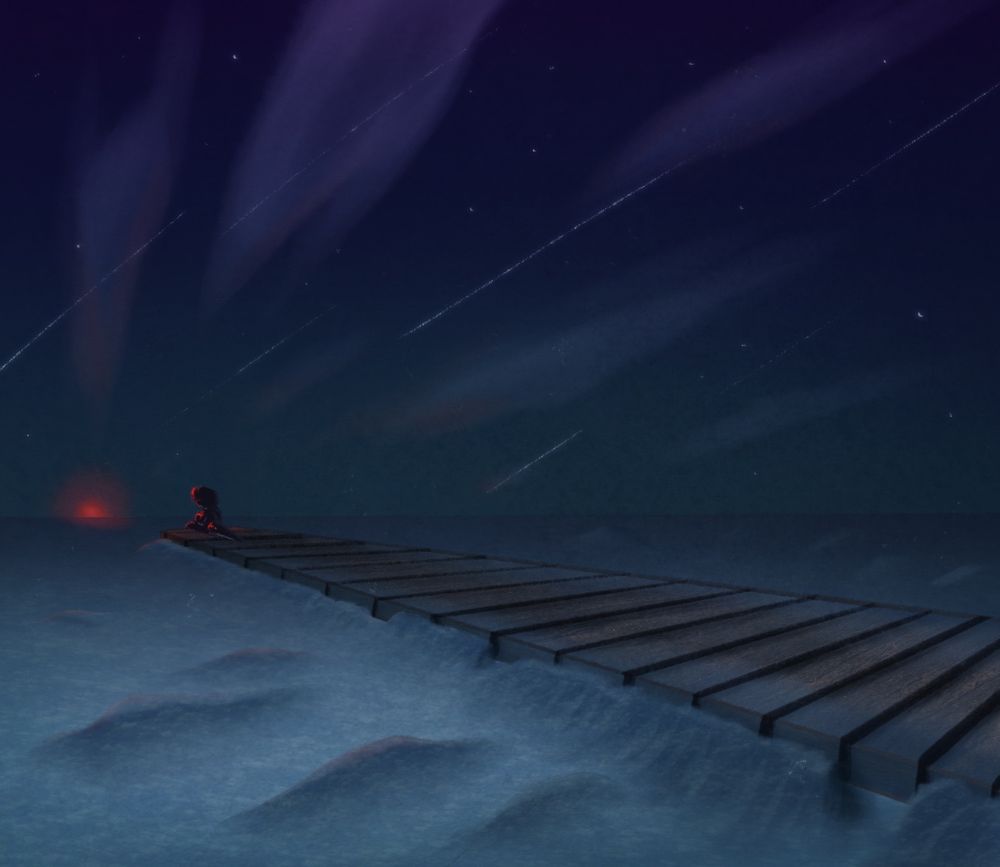 An otter sitting at the end of a frozen dock, washed over by the red moon light.